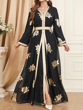 Belted Muslim Printed Split-Front Long Sleeves V-Neck Two Pieces Set Maxi Dresses